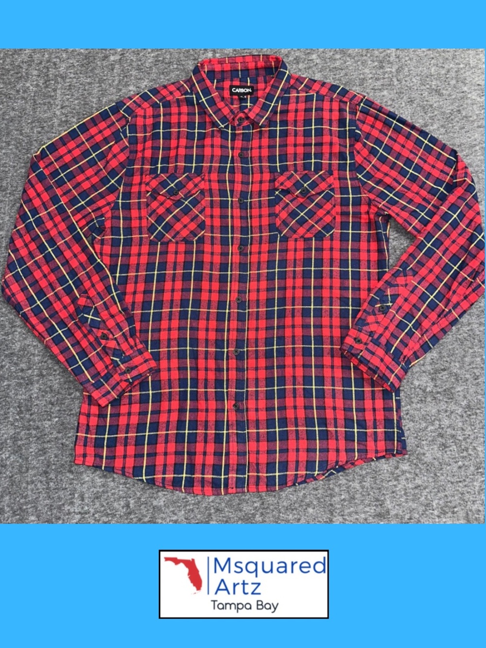 Carbon Men's XL Red Navy Yellow Plaid Flannel Long Sleeve Button Up Shirt